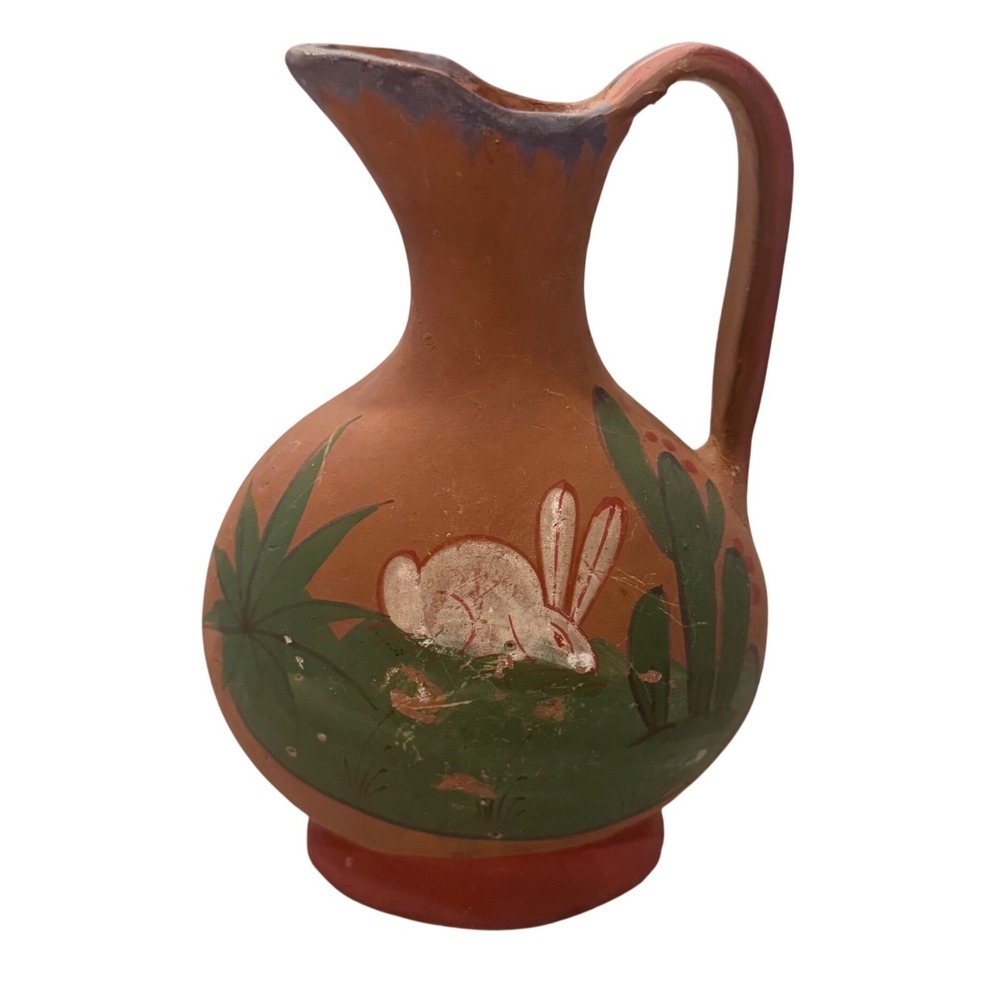 Vintage Mexican‎ Terracotta Pitcher Ewer Rabbit Cactus Folk Art Hand Painted 8"